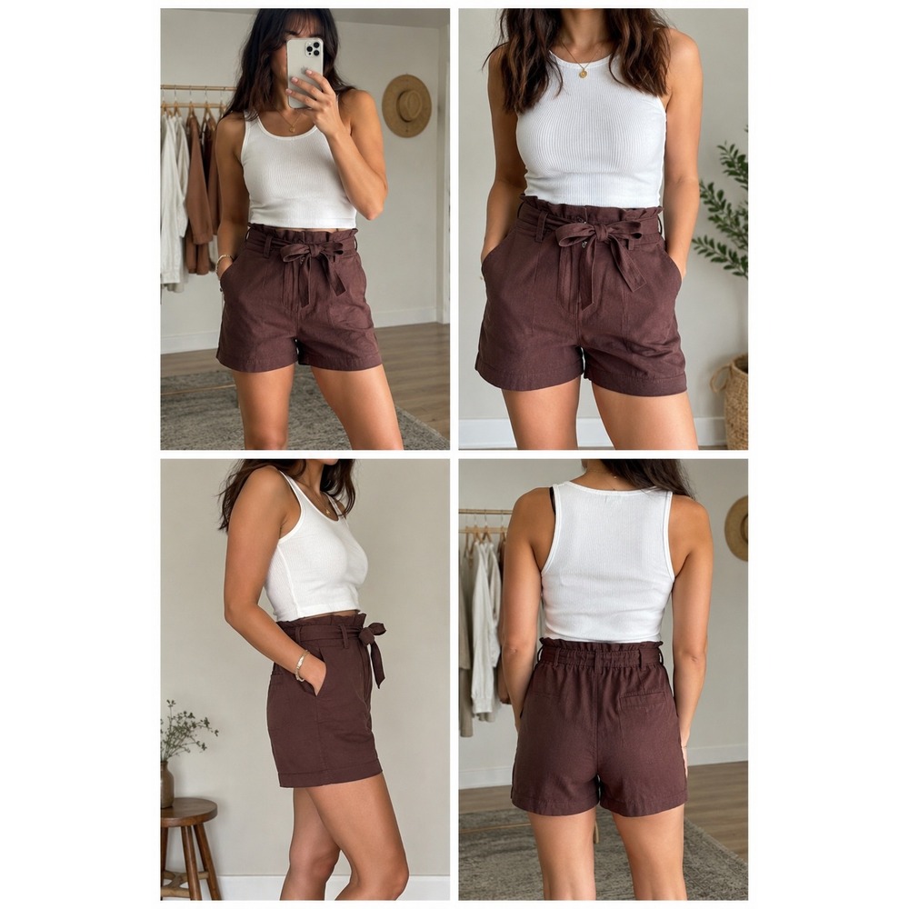 Happy‎ Nature cocoa Brown Linen Blend Tie Waist Shorts Coastal Minimalist Summer
